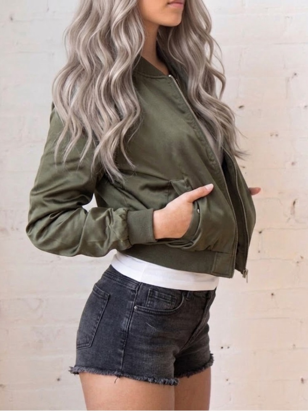 OLIVE SATIN BOMBER JACKET